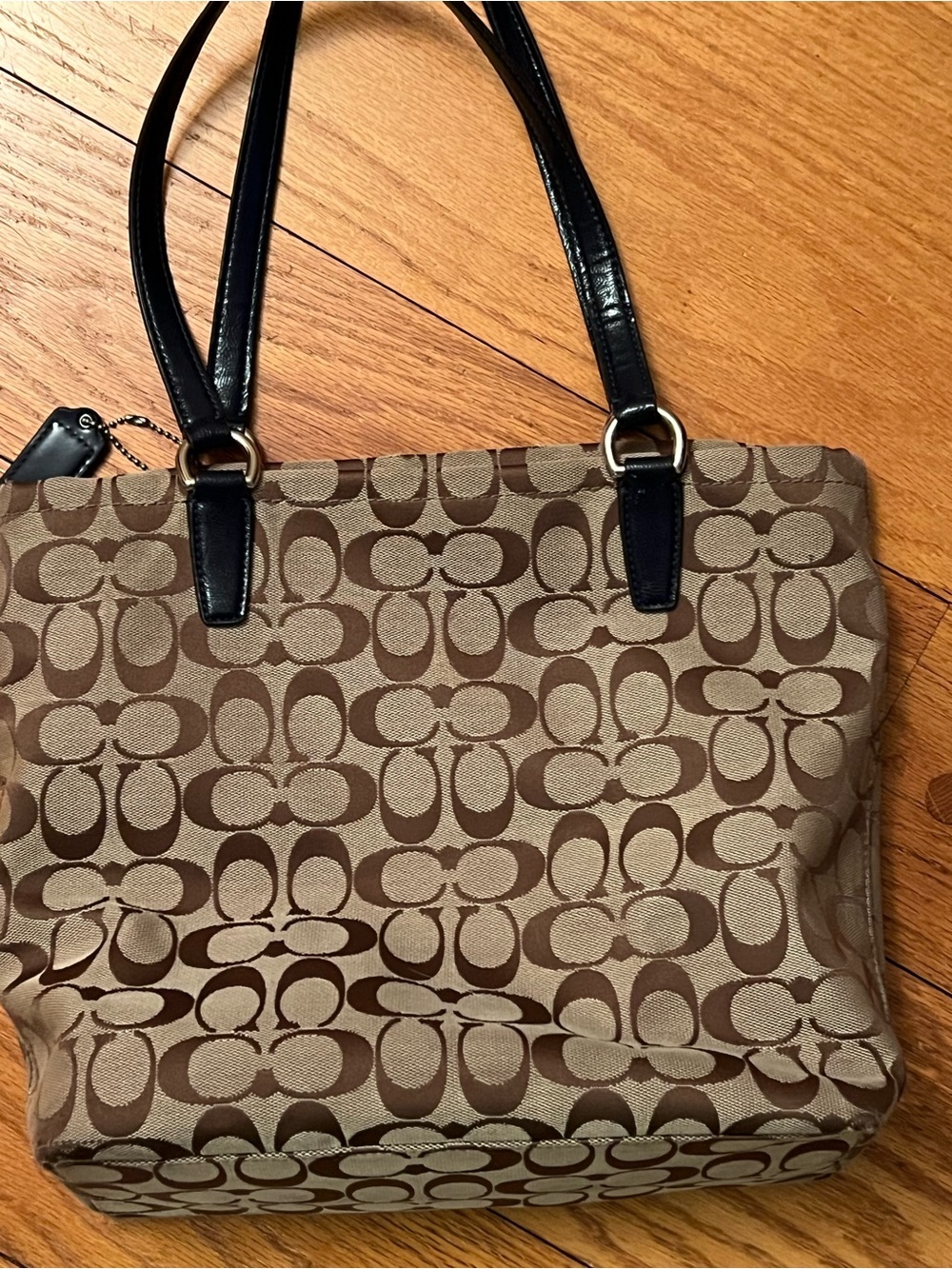 Coach monogram logo canvas shoulder handbag with blue trim and handles - Picture 3 of 8
